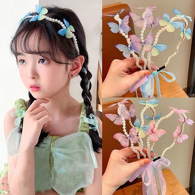 Butterfly Headband Children Streamer Hair Hoop Baby Cute Princess Female Cute Pearl Hairband Finishing Hairpin Hair Accessorie