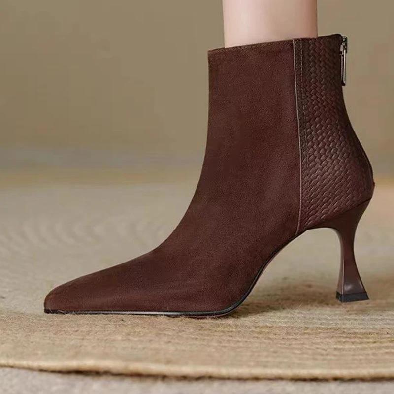 Замшевые женские ботильоны с острым носком, туфли на шпильках и среднем каблуке, женская обувь 2025 года, тренд, зимняя мода, элегантные, сексуальные, удобные, женские туфли Zapatos