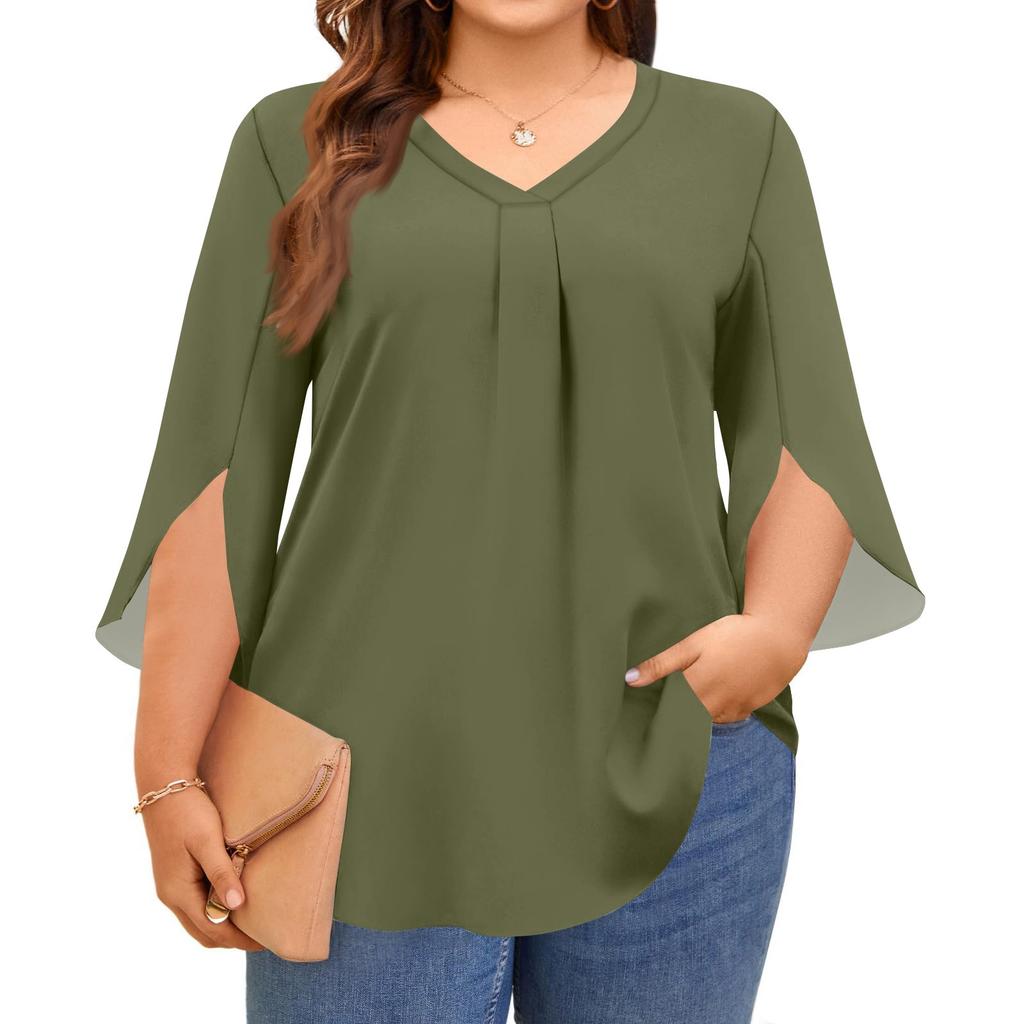 Women's Solid Color V-neck Plus Size Tops 3/4 Sleeves Elegant Shirt Tops