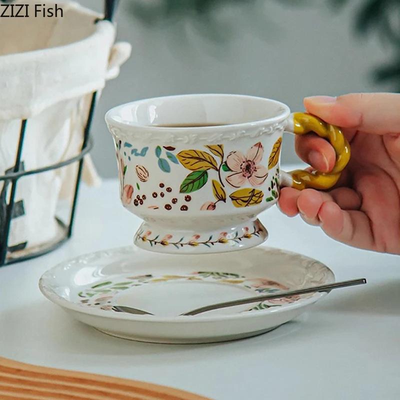 Cute Floral Lace Mug Ceramic Cup&saucer Dining Table Coffee Cup Milk Tea Mugs Afternoon Tea Teacup Fruit Juice Container