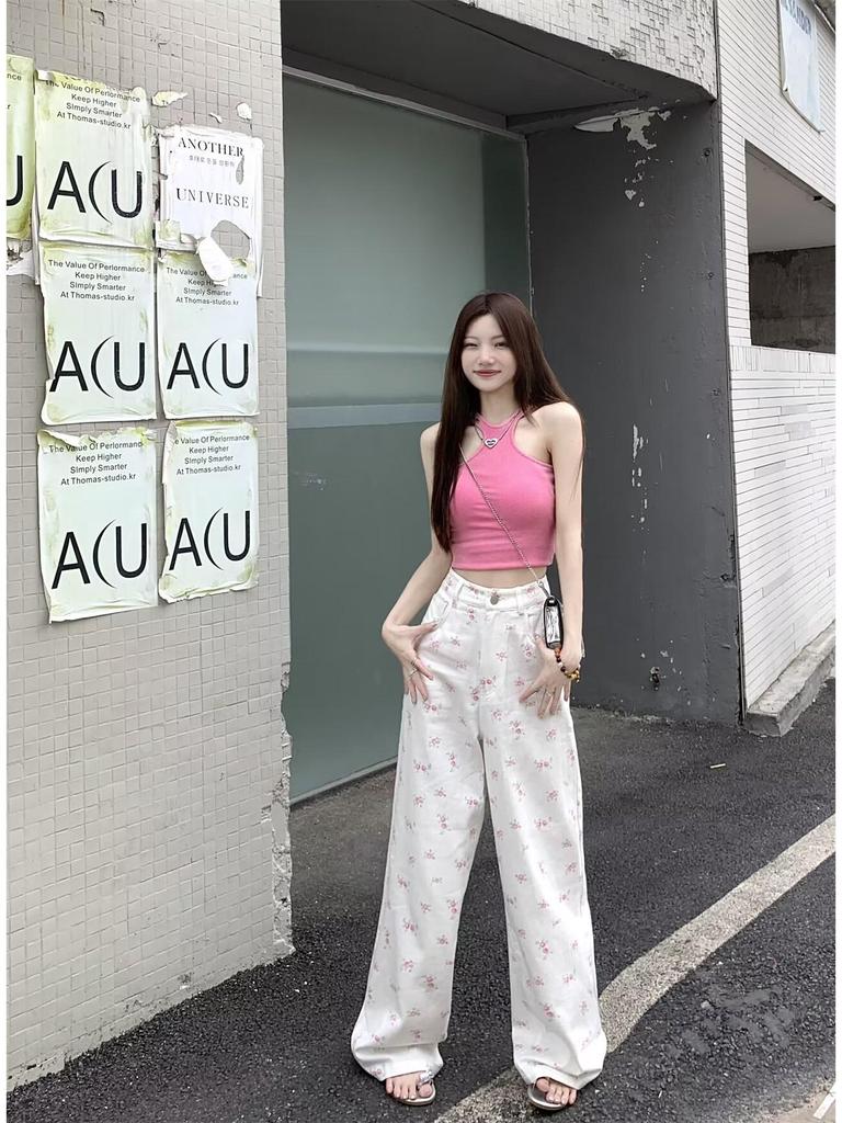 Женские джинсы с высокой талией и широкими штанинами, цветочные мотивы - лето 2024 г., свободный крой, большой размер