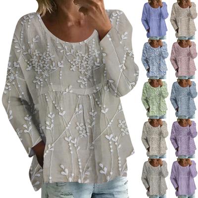 Женский повседневный модный свободный топ с круглым вырезом и цветочным принтом, с длинным рукавом