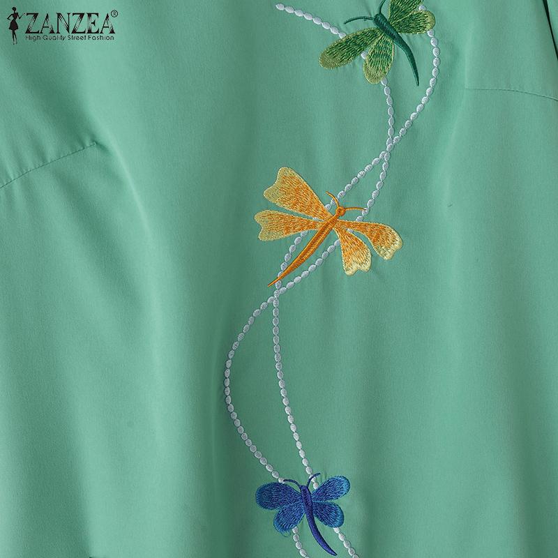 ZANZEA Женское повседневное свободное летнее платье с V-образным вырезом и коротким рукавом с вышивкой