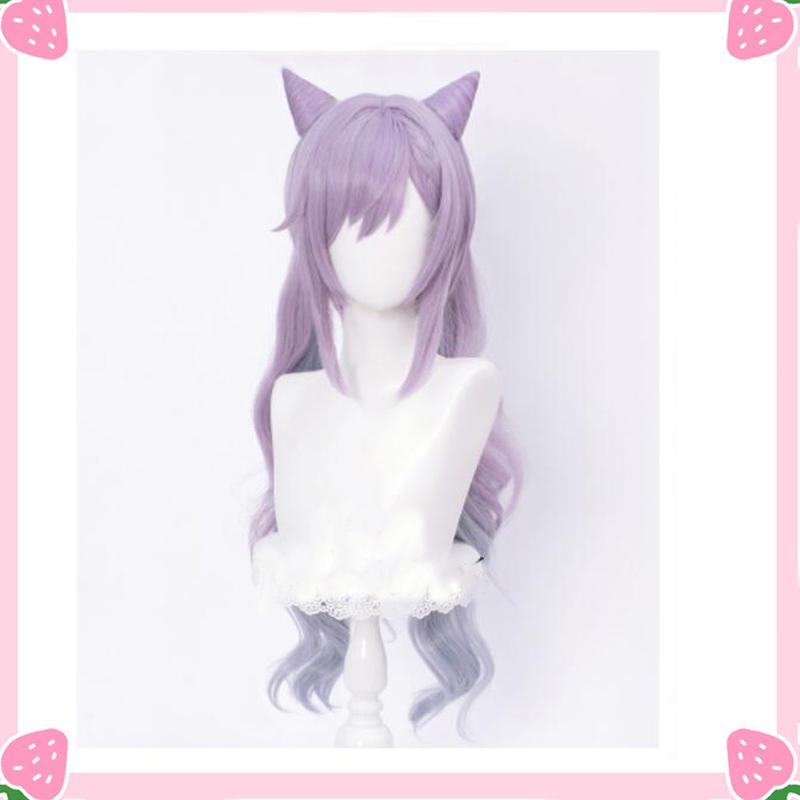 Wig&Hair Accessories*2 Genshin Impact Wig Keqing Cosplay Purple Long Curly Ponytails Ears Horns Pigtails Heat Resistant Women Halloween Free Wig Cap