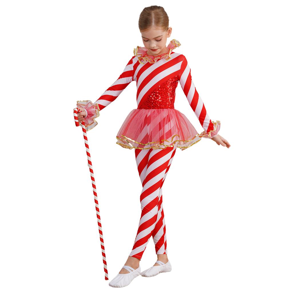 Рождественский танцевальный комбинезон для девочек, полосатое трико с пайетками, сетчатая вставка, круглый вырез, длинный рукав