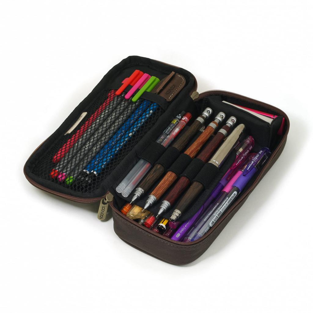 LOONLOON 664 Wood Pencil Large Wood Grain Case, Brown, Capacity, Stylish, Two-story, Multi-functional,