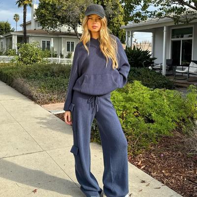 Элегантный однотонный трикотажный свитер с капюшоном и штаны, женский свободный пуловер с длинным рукавом, прямой брючный женский костюм, осенне-зимний женский комплект