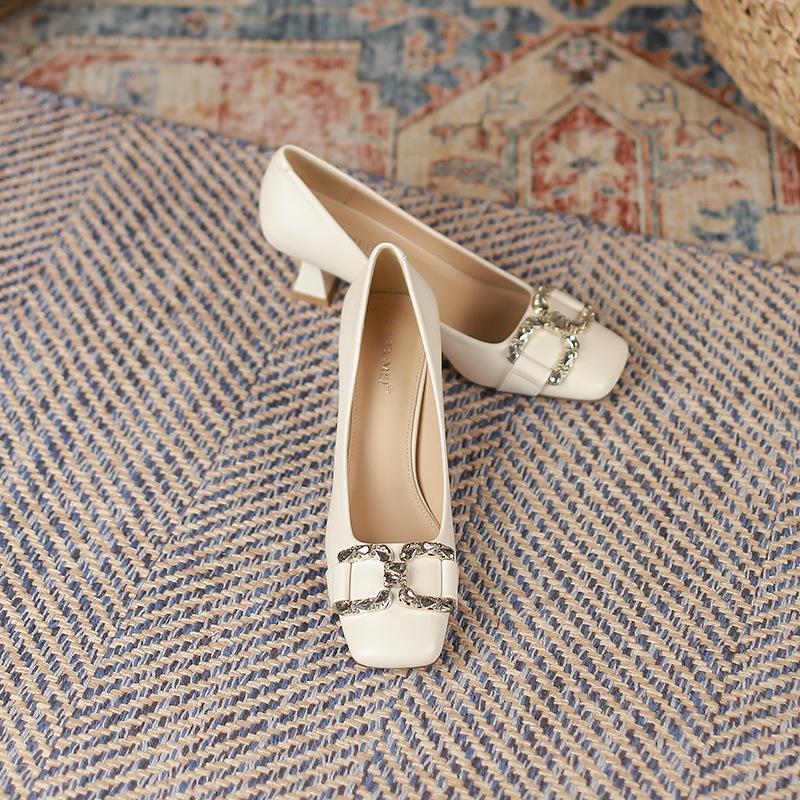 French square head thin heel single shoes spring and autumn new comfortable metal buckle fashion high heels women
