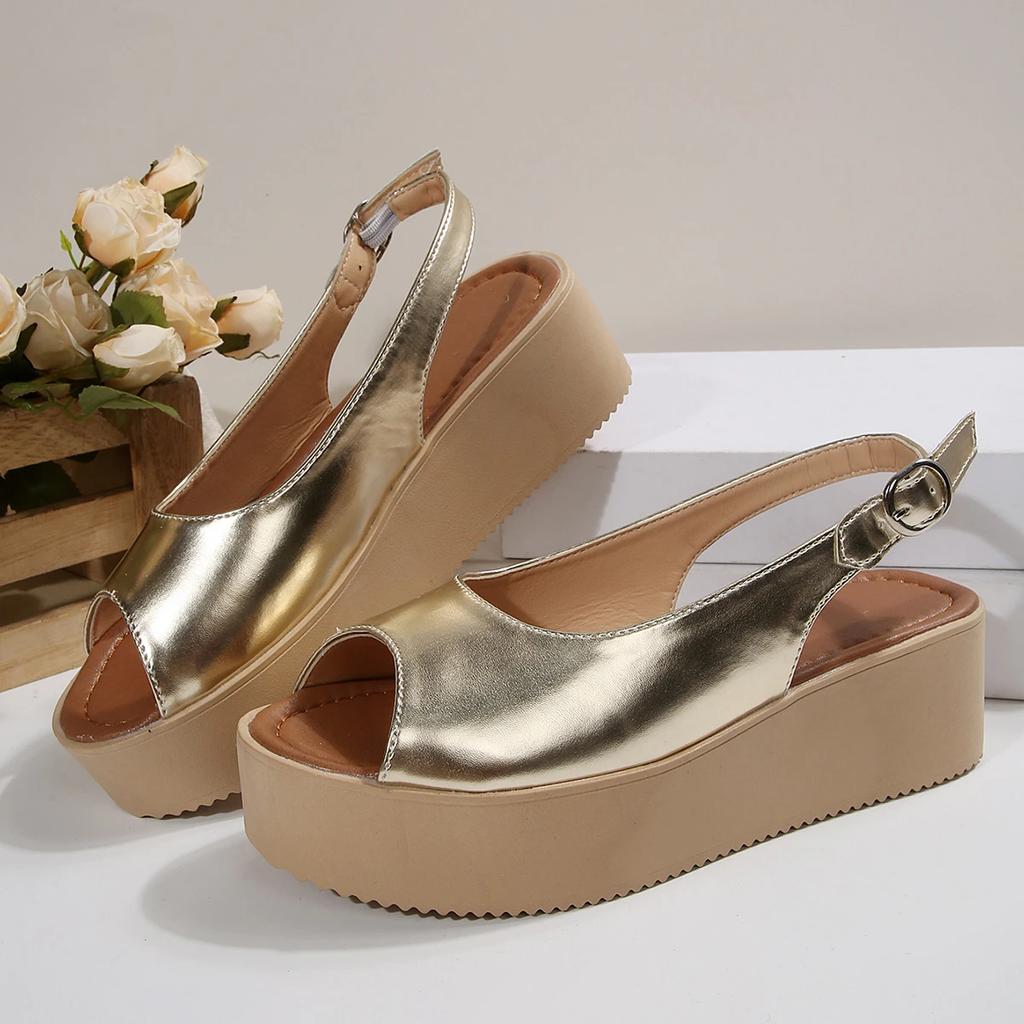 Мода Мода Босоножки на платформе с открытым носком для женщин 2025 Лето Толстая подошва Пляжная обувь Женские Золотая пряжка Ремешок Танкетка Sandalias Mujer