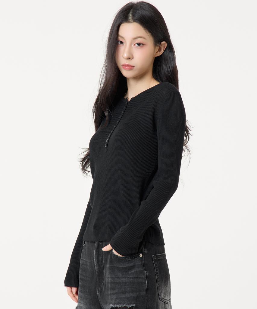 UNKNOWN PLANET Button Ribbed Knit Top Black