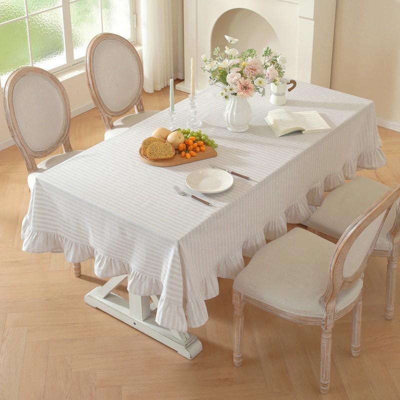 Striped Cotton Tablecloth With Ruffled Hem Dining Table Square Round Decorative Home Kitchen