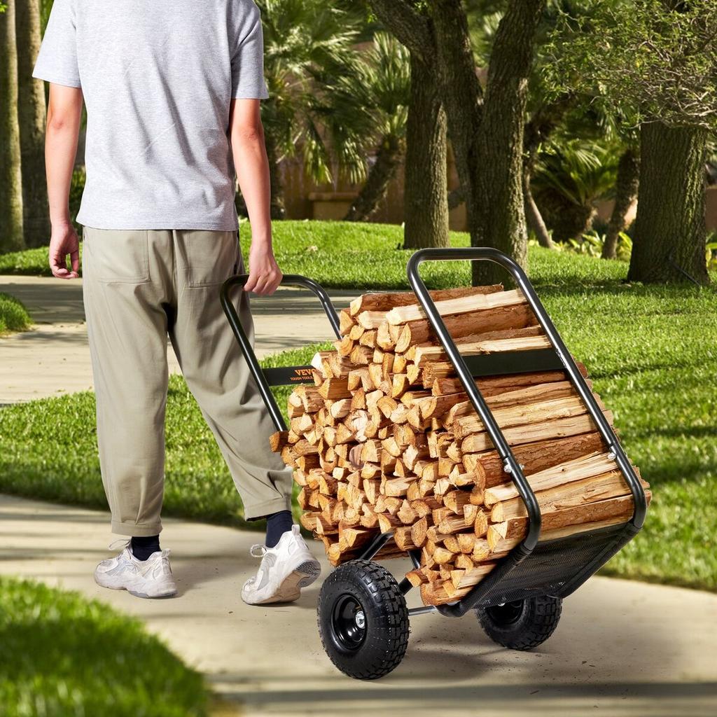 Firewood Log Cart, 113.4 kg Load Capacity, Outdoor and Indoor Wood Rack Storage Mover with Pneumatic Rubber Wheels, Heavy Duty Steel Dolly Hauler,