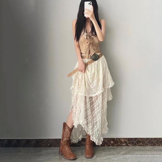 Ретро-юбка с эластичной высокой талией, кружевная юбка нестандартного дизайна, длинная юбка-миди во французском стиле с вышитым кружевом и цветочным узором