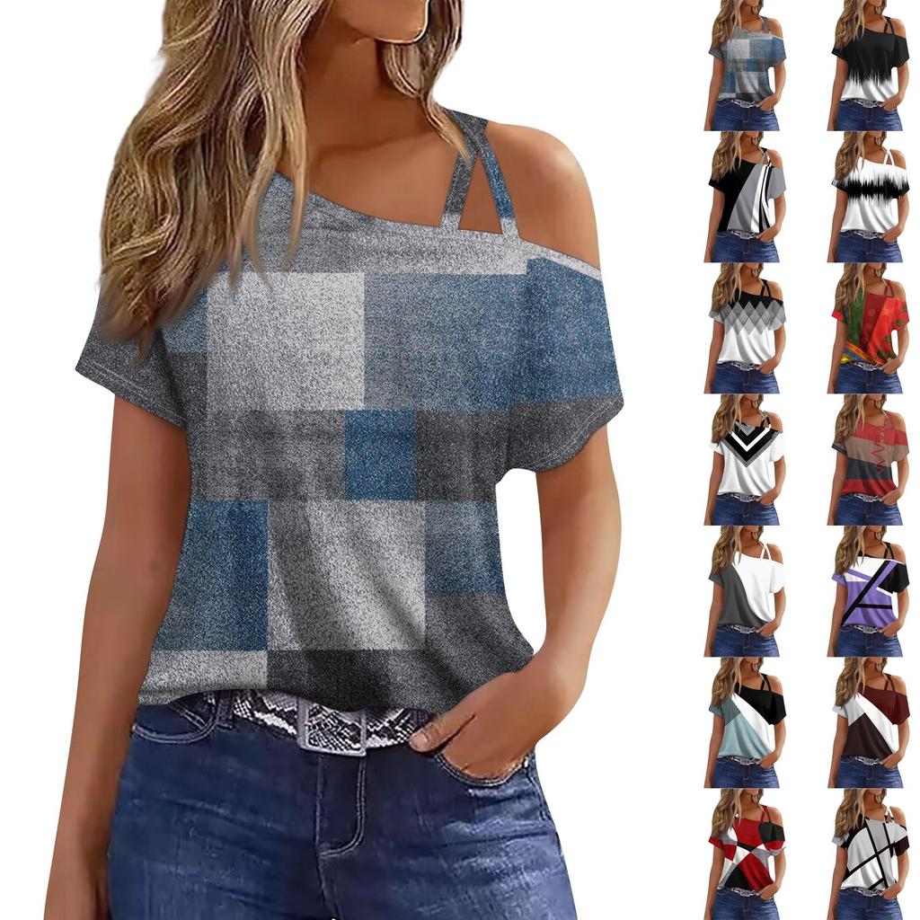 Women's Fashion Casual Print Sexy Cold Shoulder Short Sleeve T-shirt Top