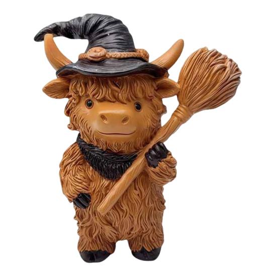 Halloween Highland Cow Resin Figurine Wizard Hat Pumpkin Broom Cattle