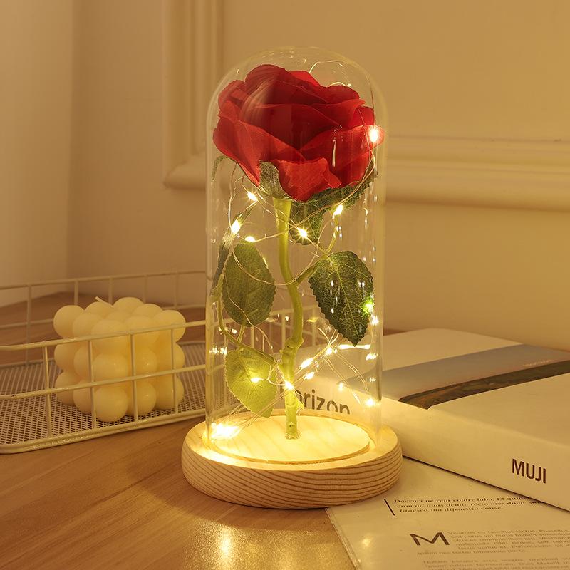 Glass Cover Immortal Rose Flower Ornaments LED Luminous Artificial Flower Creative Christmas Valentine's Day Gift