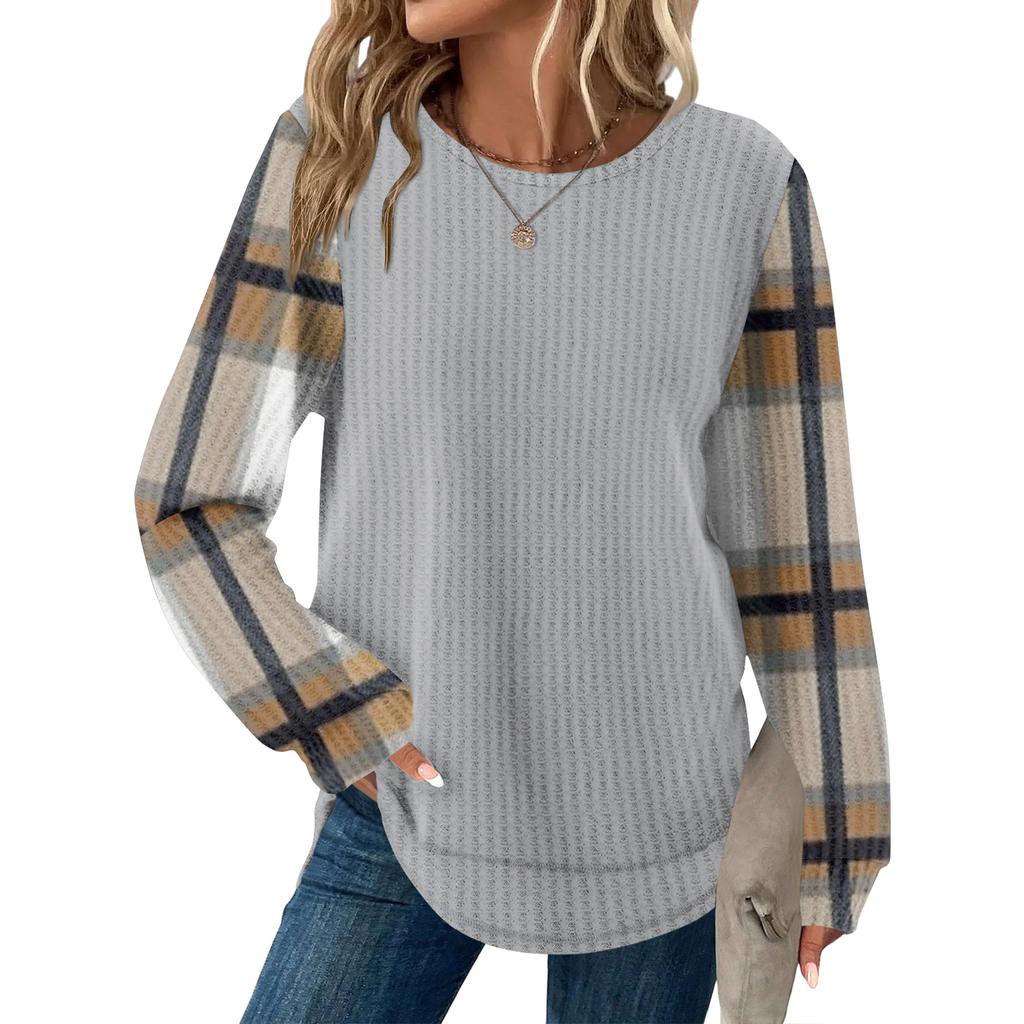 Женский повседневный топ свободного кроя с круглым вырезом и длинными рукавами в клетку