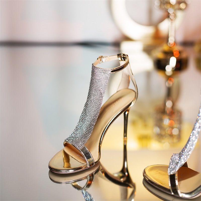 Golden Banquet Shoes Open-toed Sexy High Heels 2025 Summer Rhinestone Fashion Fashion Sandals Women's One-button Stiletto