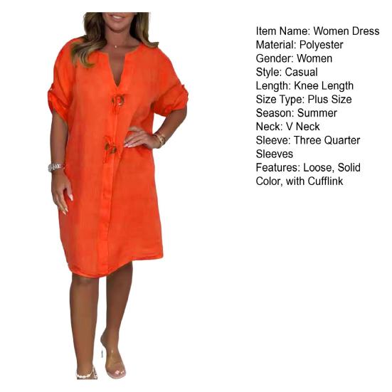 Лето Осень Женское Платье V-образный вырез рукава три четверти Свободный Плюс Размер Длина Колена Ретро Повседневный