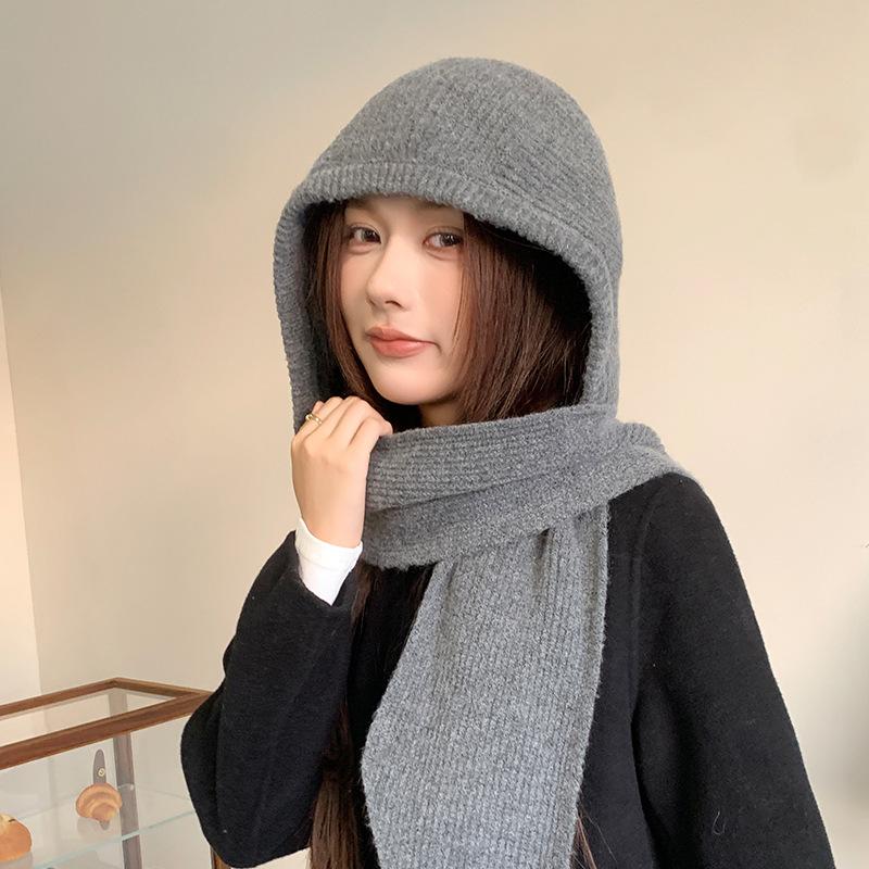 Red Balaclava for Women In Autumn and Winter Warm Ear Protection  Neck Scarf  Woolen Knitted Hat and Scarf All In One