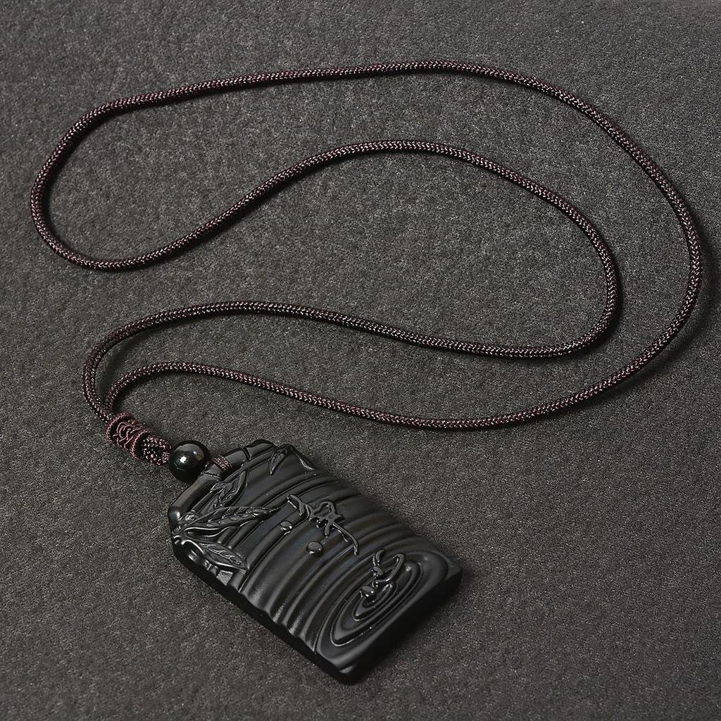 Кулон 'Безмятежность' из натурального обсидиана: Унисекс Большое Этническое Ожерелье-Капля Воды