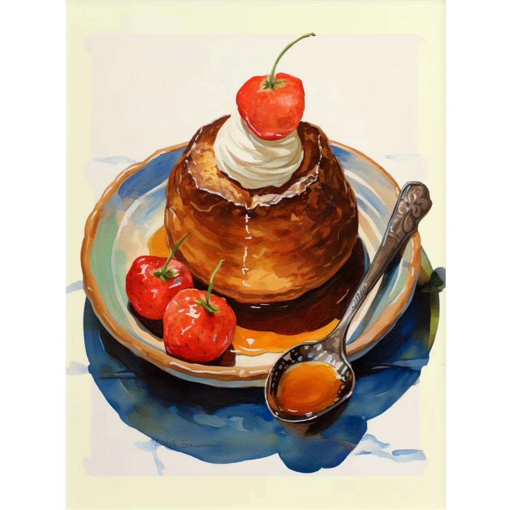 Cream Fruit Cake Watercolor French Pastry Illustration Poster Canvas Wall Art Print Picture Colorful Kitchen Home De