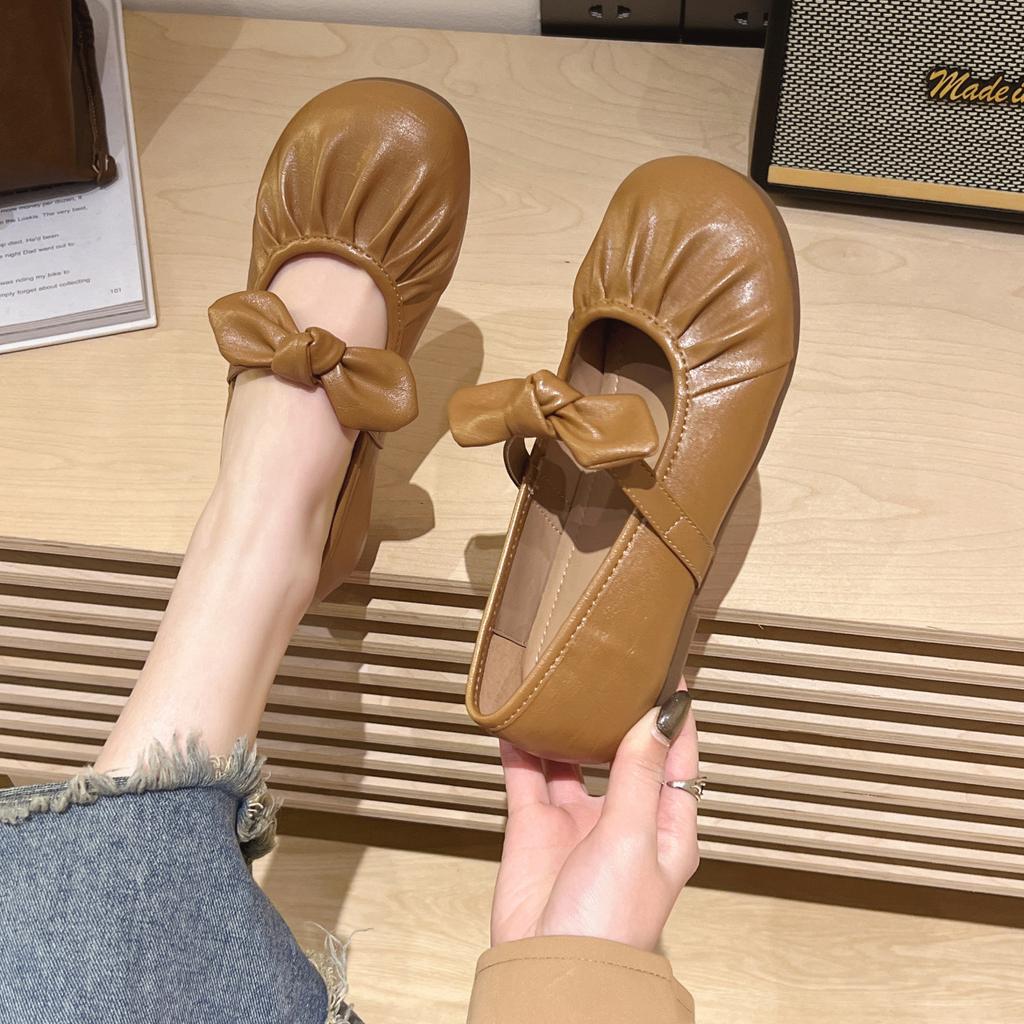 Поздний вечерний ветер плоская подошва одиночные туфли женские новинка 2025 года весна простые туфли Мэри Джейн маленькие кожаные туфли с бантом Doudou доска для обуви
