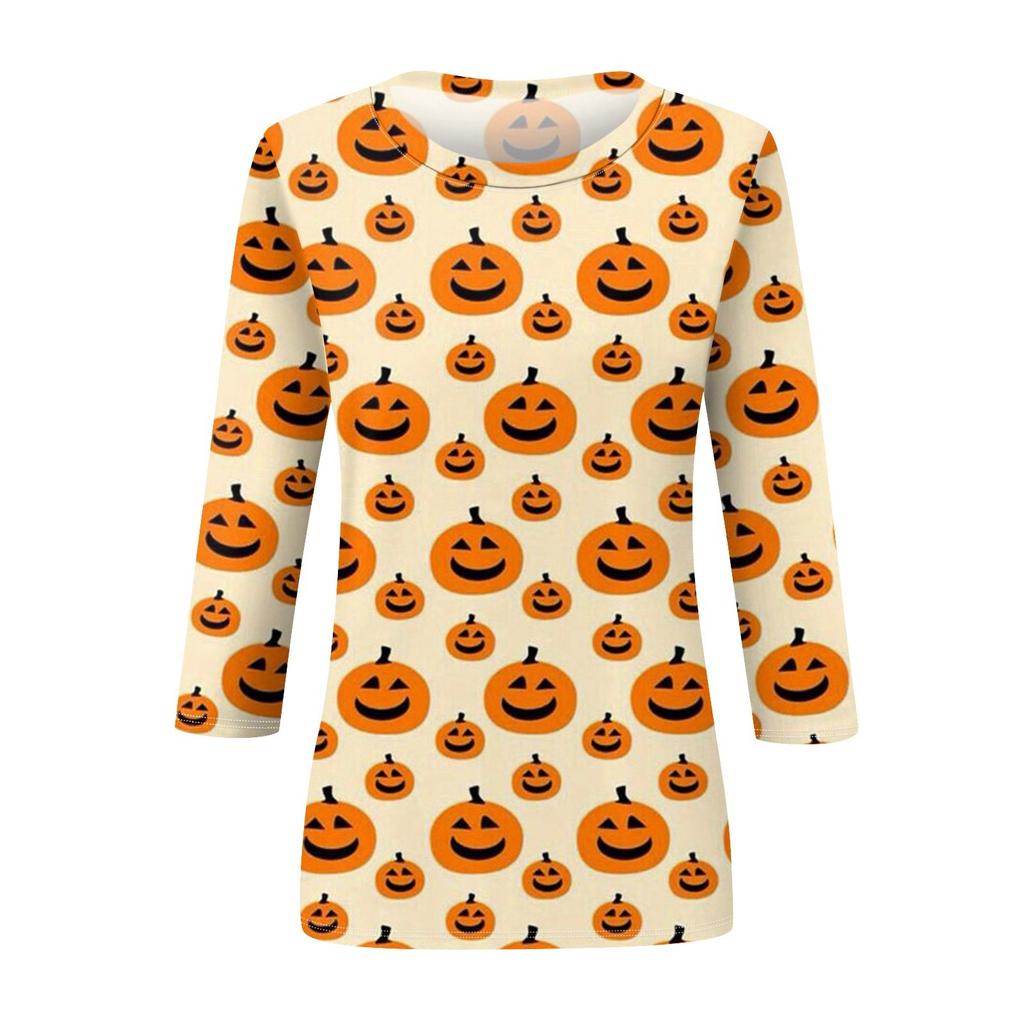 Женская модная повседневная свободная футболка с круглым вырезом и рукавами 3/4 на Хэллоуин, женский топ