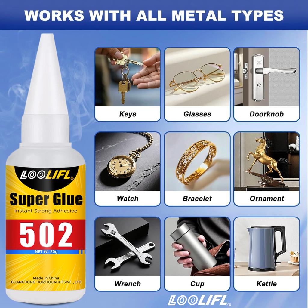 LOOIFL 502 Super Glue Quickdrying Strong Cyanoacrylate Glue is used for diy handicraft repair of metal,wood,leather and ceramics