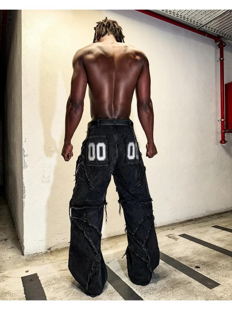 Мода Америка ретро-стрит молния пэчворк мешковатые джинсы мужские Y2k полоса вышивка сращивание черные джинсовые брюки хип-хоп джинсы