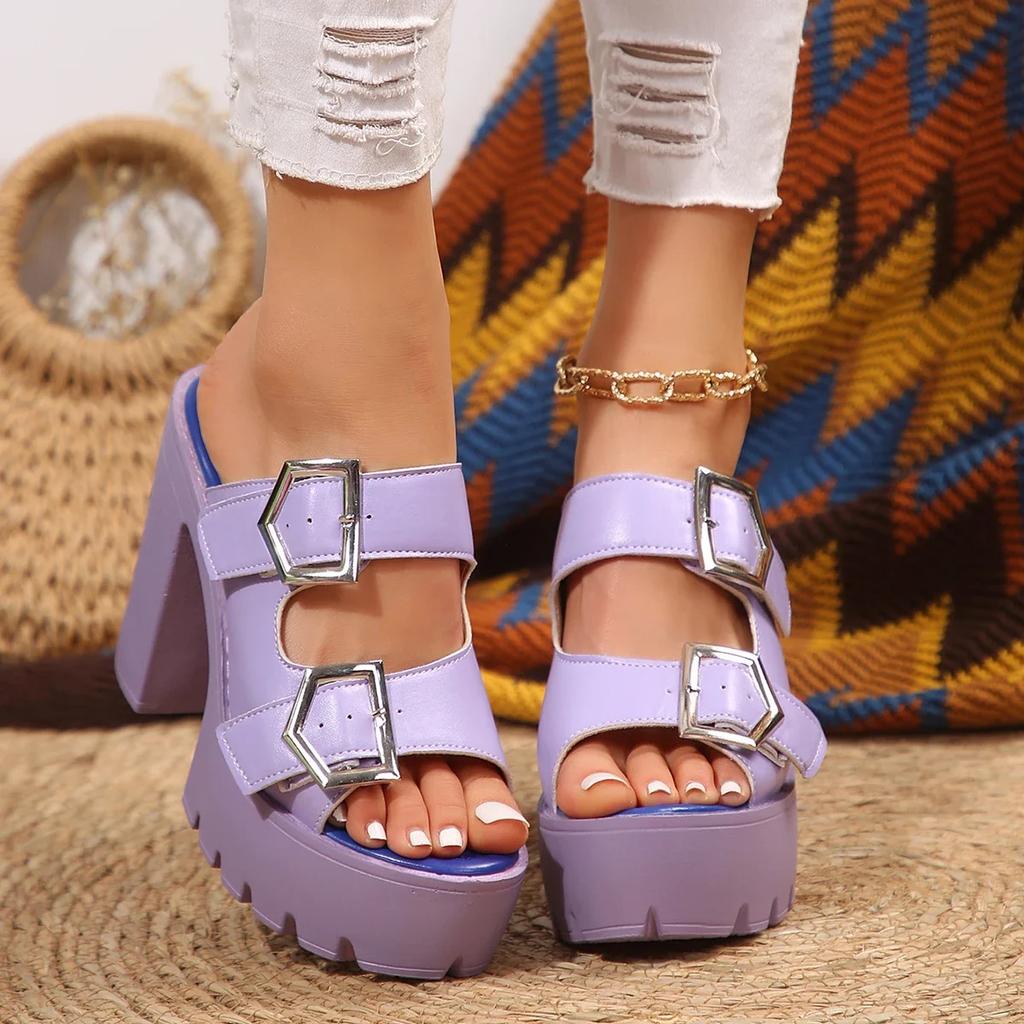 Fashion Summer Women‘s High Heel Sandals Platform Fashion Simple Slippers Woman Buckle High Heels Ladies Shoes Roman Style Large Size 43