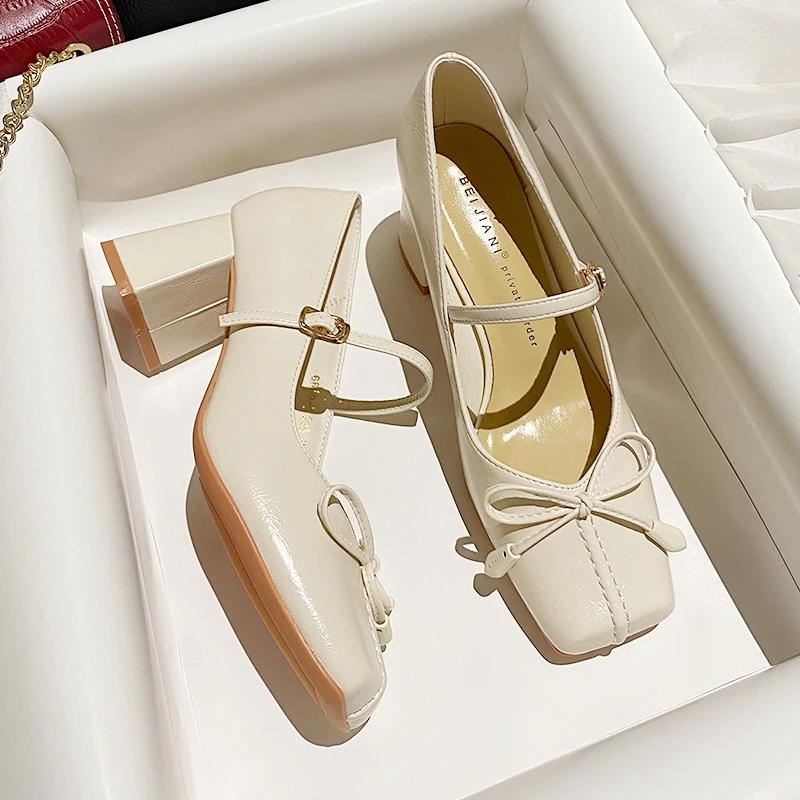 Весна Осень Толстые каблуки Женские Туфли Мэри Джейн Модные Туфли Бабочка-Узлы Женские Элегантные Туфли-лодочки Для Свадебной Вечеринки