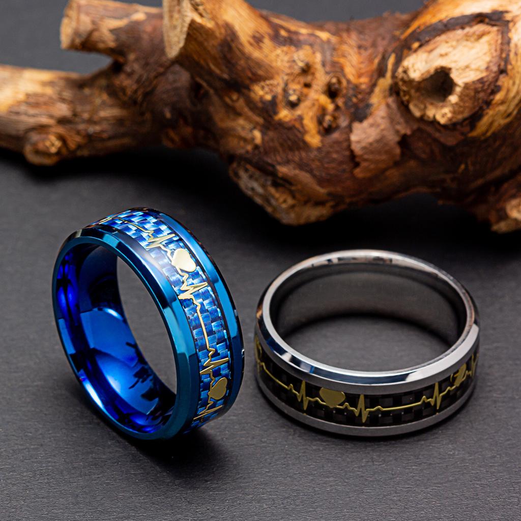 Valentine's Day Jewelry 8mm Inlaid Carbon Fiber Ring Couple ECG Heartbeat Titanium Steel Ring