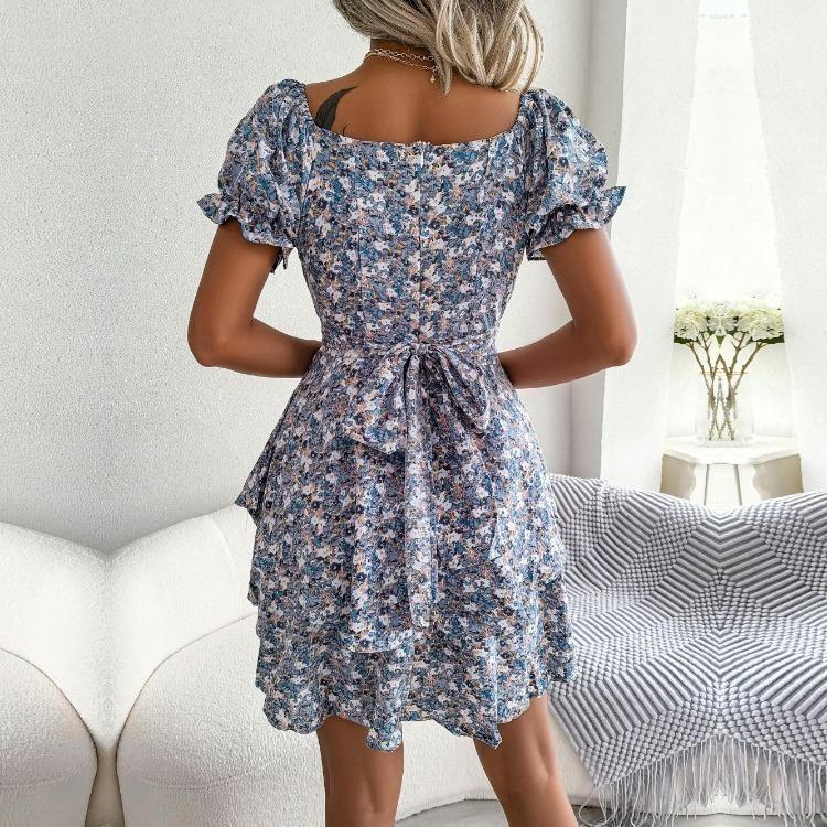 Женское летнее платье с цветочным принтом, квадратным вырезом, короткими рукавами и шнуровкой, элегантный весенний наряд, размеры S-XL