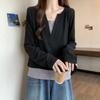 Женская одежда, повседневная футболка с длинным рукавом, весна-осень, корейская однотонная универсальная футболка с V-образным вырезом, имитация двух частей, пэчворк