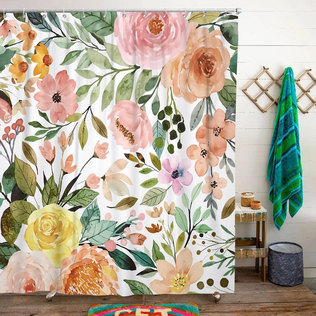 Bohemian Floral Shower Curtain Watercolor Botanical Tropical Palm Leaf Butterfly Modern Simple Polyester Bathroom Decor Curtains