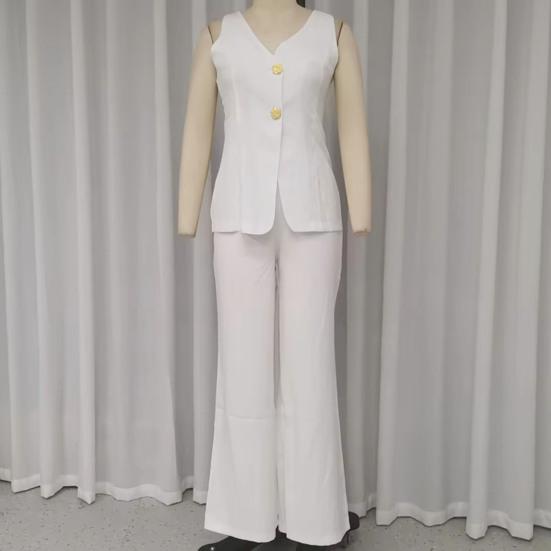 2 шт./комплект женский жилет брюки костюм V-образный вырез застегивается на пуговицы без рукавов топ широкие свободные брюки формальный деловой стиль пригородный наряд