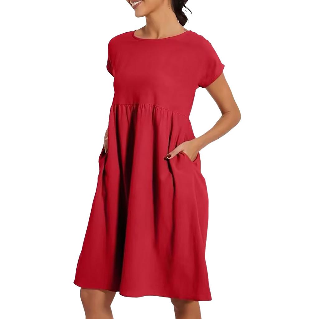 Women's Solid Colour Casual Cotton Linen Dress Short Sleeve Round Neck Pocket Dresses