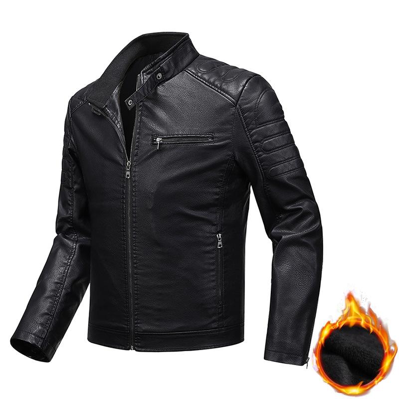 Мужская кожаная приталенная куртка плюс бархатная зимняя куртка мужской мотоциклетный костюм большой размер стойка воротник кожаная куртка мужская