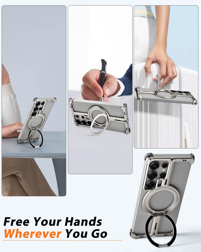 Oatsbasf Frameless Phone Case for Samsung Galaxy S25 Ultra with Ring Stand 360° Rotatable Magnetic Phone Cover Shockproof Bumper