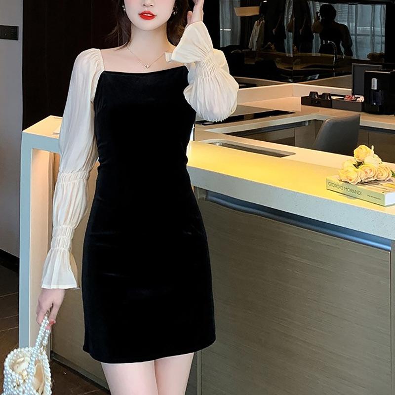 Женская юбка средней длины с длинными рукавами, французским квадратным воротником и рукавами-фонариками, весна-осень