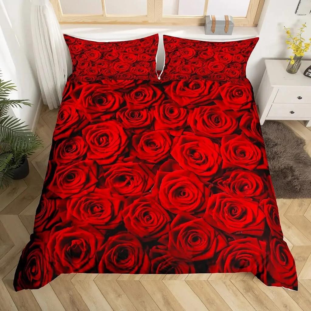 Valentine'S Day Rose Duvet Cover Set Romantic Couple Theme Bedding Set 3D Rose Comforter Cover Set Love Bedspread Twin King Size