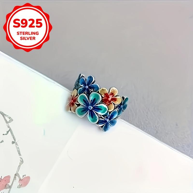 Bohemian style 925 sterling silver flower ring for women, vintage ethnic handmade fashion jewelry