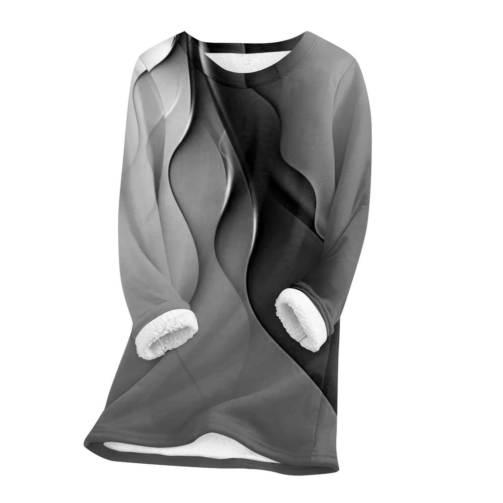 Женский топ с круглым вырезом, с принтом, утолщенный плюшевый кашемировый теплый длинный топ с длинными рукавами