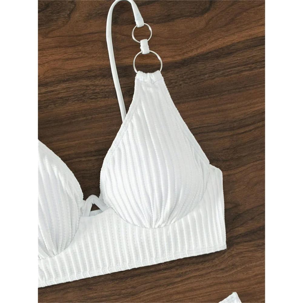 Сексуальный белый купальник-слинг с кольцами, пуш-ап, купальник с высокой талией, отпускная пляжная одежда в рубчик, женский комплект из 2 предметов