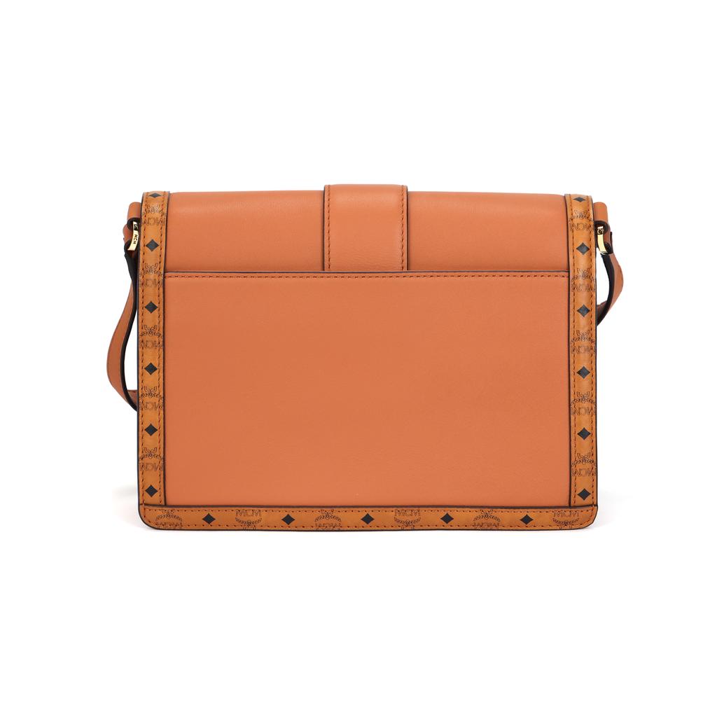 MCM Tracy Metal Logo Monogram Trim Adjustable Shoulder Strap Calfskin Crossbody Bag Small Women crossbody bag Brown Cognac MWSDSXT02CO001