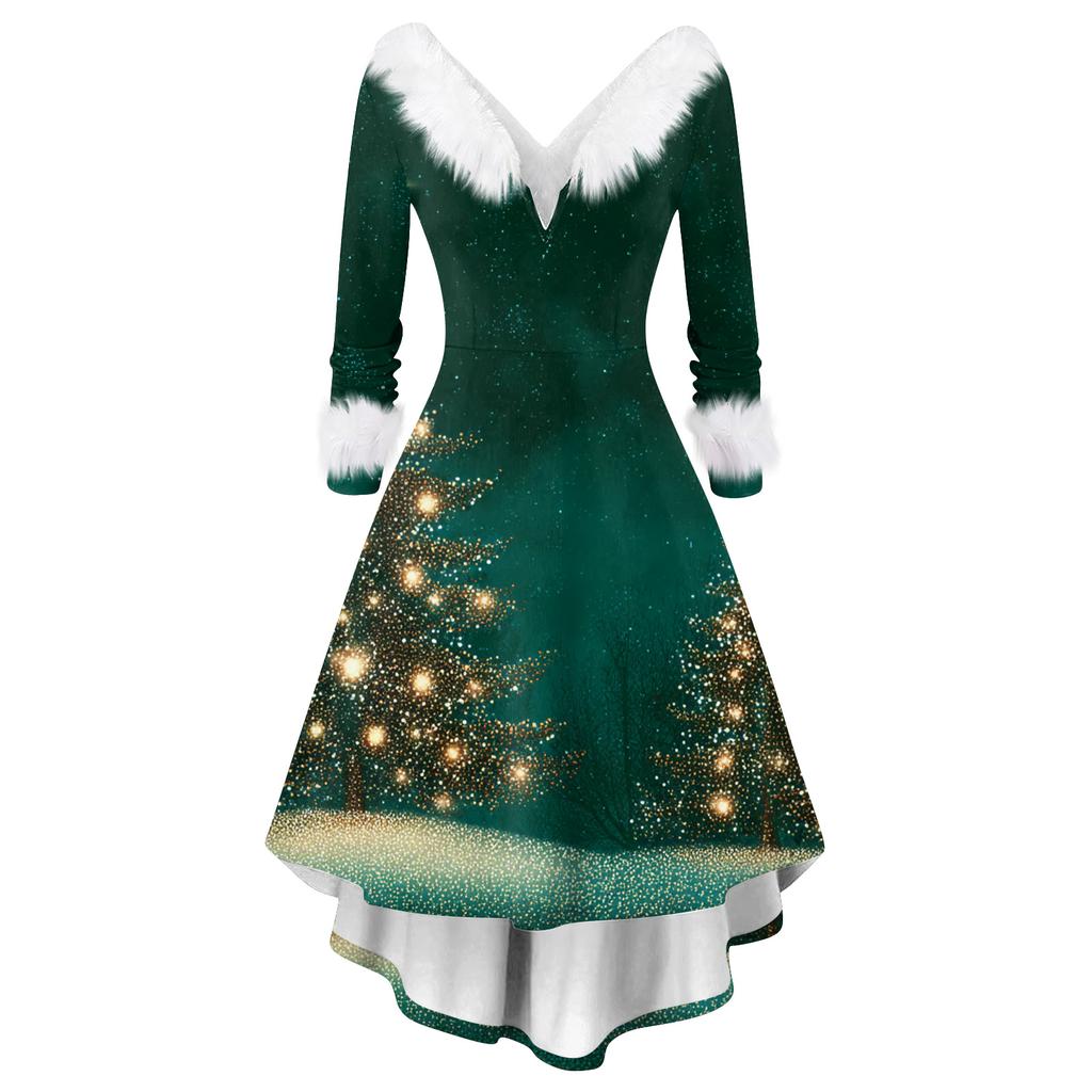 Women's Fashion Casual V-Neck Christmas Print Long Sleeve Dress