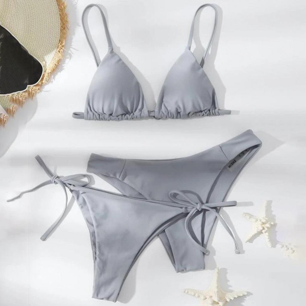 Women's Summer Fashion Sexy Solid Color Backless Lace-up  Waist Adjust Buckle Sling  Bikini Three-pieces Swimsuit