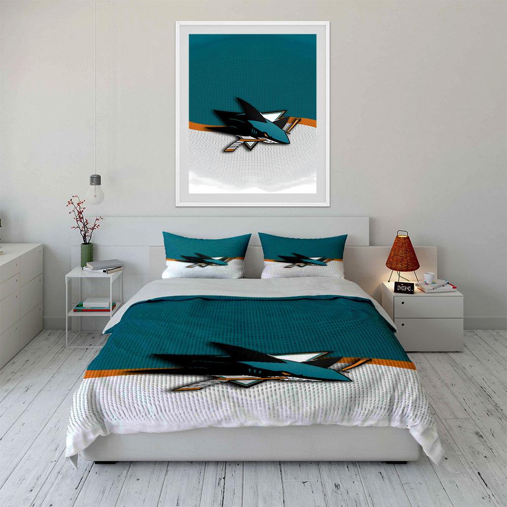 Shark Graphic with Hockey Stick Print Bedding Set Duvet Cover Pillowcases (1* Duvet Cover 2* Pillowcases Do Not Include Comforter)