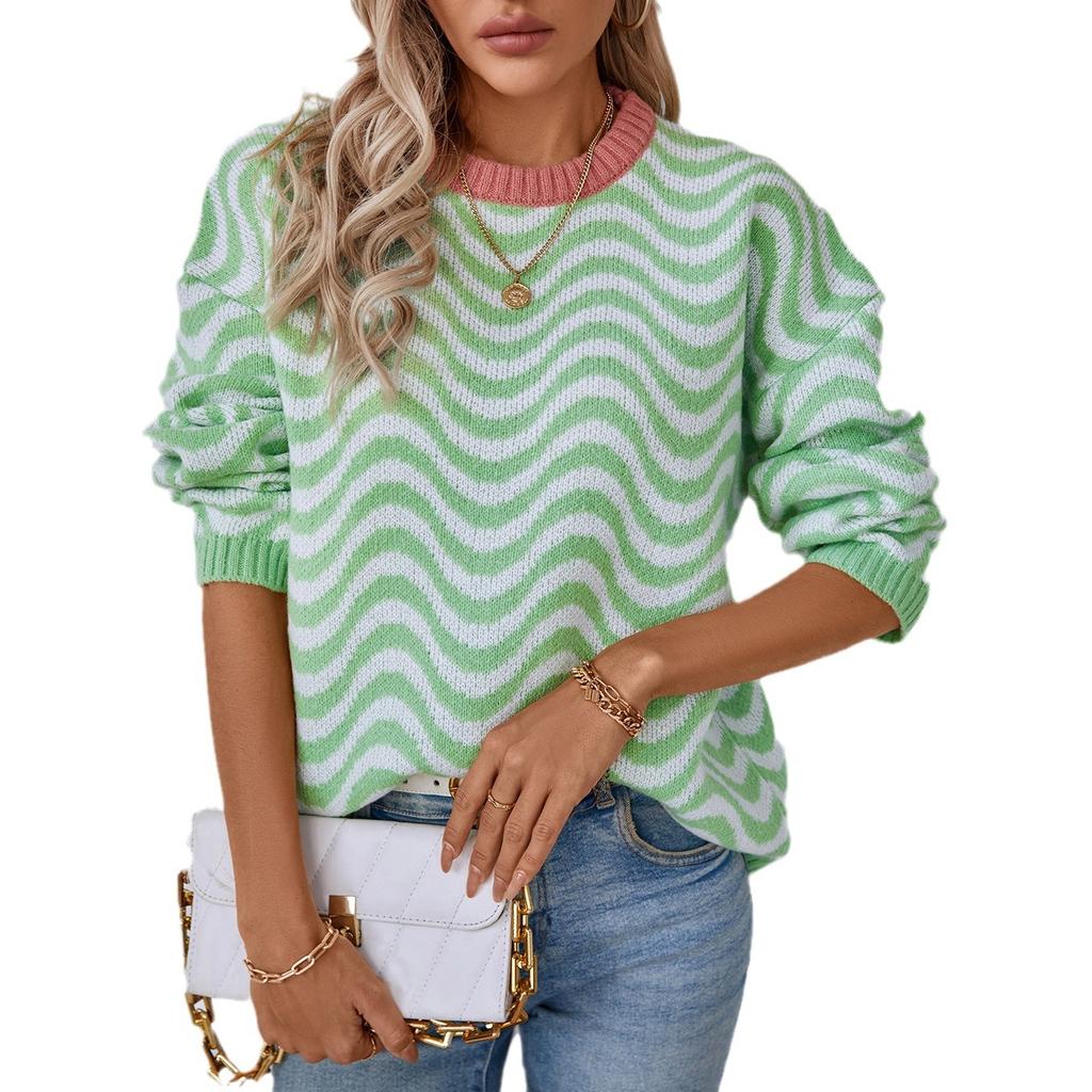 Женский свитер с круглым вырезом, осенне-зимний, с длинным рукавом, повседневный, ребристый, вязаный, цветной, блок, джемпер, топы, мягкий, теплый, в полоску, для женщин